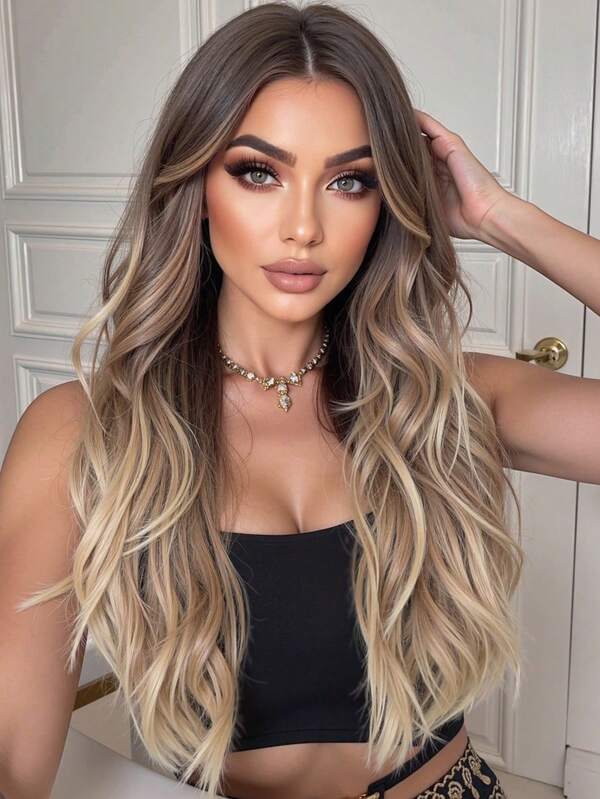 26 Inch Long Body Wavy Ombre Brown Synthetic Wig For Women Brown To Blonde Middle Part Long Curly Hair Wigs For Daily Party Cosplay Use(Pay Attention To How You Wear And Care For It)