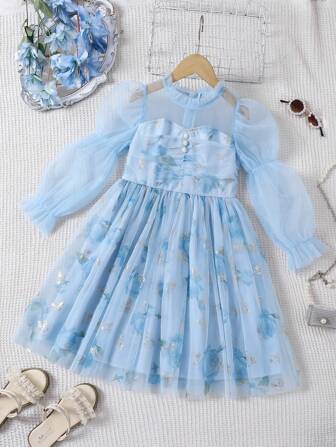 Girls' Floral Mesh Print Ruffle Collar Lantern Sleeve Elegant Midi Dress, Suitable For Spring, Summer, Autumn