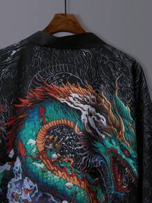 时尚日式和服开衫，复古中国龙印花，男女情侣款，轻薄外套，适合春夏季休闲、旅行、沙滩、角色扮演等场合 - 黑色 - 查看 5