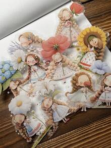 10pcs/Pack Vintage Waterproof Multi-Size PET Girl Sticker Pack, Floral Girl, Cute Cartoon Girl, Cross-Border Stickers For Diary, Planner, Scrapbooking, Decor,School Supplies,Back To School