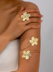 Set de 2 piezas de brazalete y anillo de flor dorada con diseño minimalista elegante, adecuado para fiestas, banquetes y cenas de mujeres, como regalo