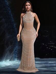 Women's Sleeveless Elegant Embellished Beaded Peplum Dress, Suitable For Festivals, Parties And Evening Events,Party Dress,Gown,Formal,Wedding Guest - Apricot - View 5