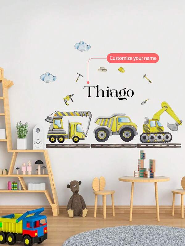Autocolante de perete personalizate cu nume pentru băieți – Camioane de construcții, elicoptere, animale drăguțe și multe altele – Autocolante de perete detașabile personalizate pentru dormitoarele, camerele de joacă și sălile de clasă ale copiilor