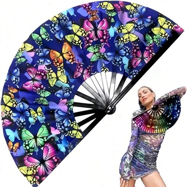 1 peça de leque de mão dobrável de bambu grande, leque de mão dobrável Rave Fan Clack com tecido de nylon, adequado para festivais, dança, apresentações, festas, presentes, decorações (luz neon)