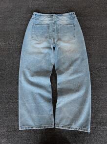 Jeans de pernera ancha y recta suelta, de estilo vintage desgastado y efecto tie-dye en azul claro, de estilo American Streetwear casual y versátil, adecuado como regalo para novio o esposo