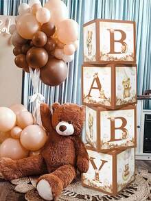 4pcs Cute Bear Theme Gender Reveal Decoration Balloon Box, Adorable Brown Bear Pattern, Suitable For Baby Shower, Newborn Boy/Girl Party Decor, Gender Reveal Party Decoration Gift Box, Baby Party Photography Backdrop, Cute Brown Bear Decor Box, 1st Birthday Party Decor, Party Supplies, Baby Shower Gift, Gender Reveal Decoration, Birthday Decor, Wedding Decor, Home Decor, Room Decor, Backdrop Decor - Brown Bear - View 6