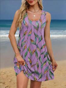Plus Size Women's Fashion Printed Casual/Holiday Style Sleeveless Dress With Pockets, Summer - Purple - View 2