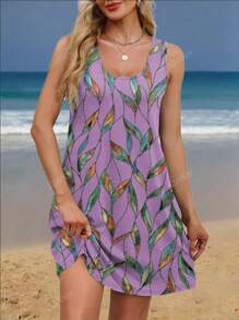 Plus Size Women's Fashion Printed Casual/Holiday Style Sleeveless Dress With Pockets, Summer