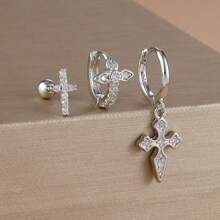3PCS 18K Gold Plated Cross Stud Earrings Set For Women's Wedding Jewelry Zirconia Hoop Stainless Steel Accessories Party Gift