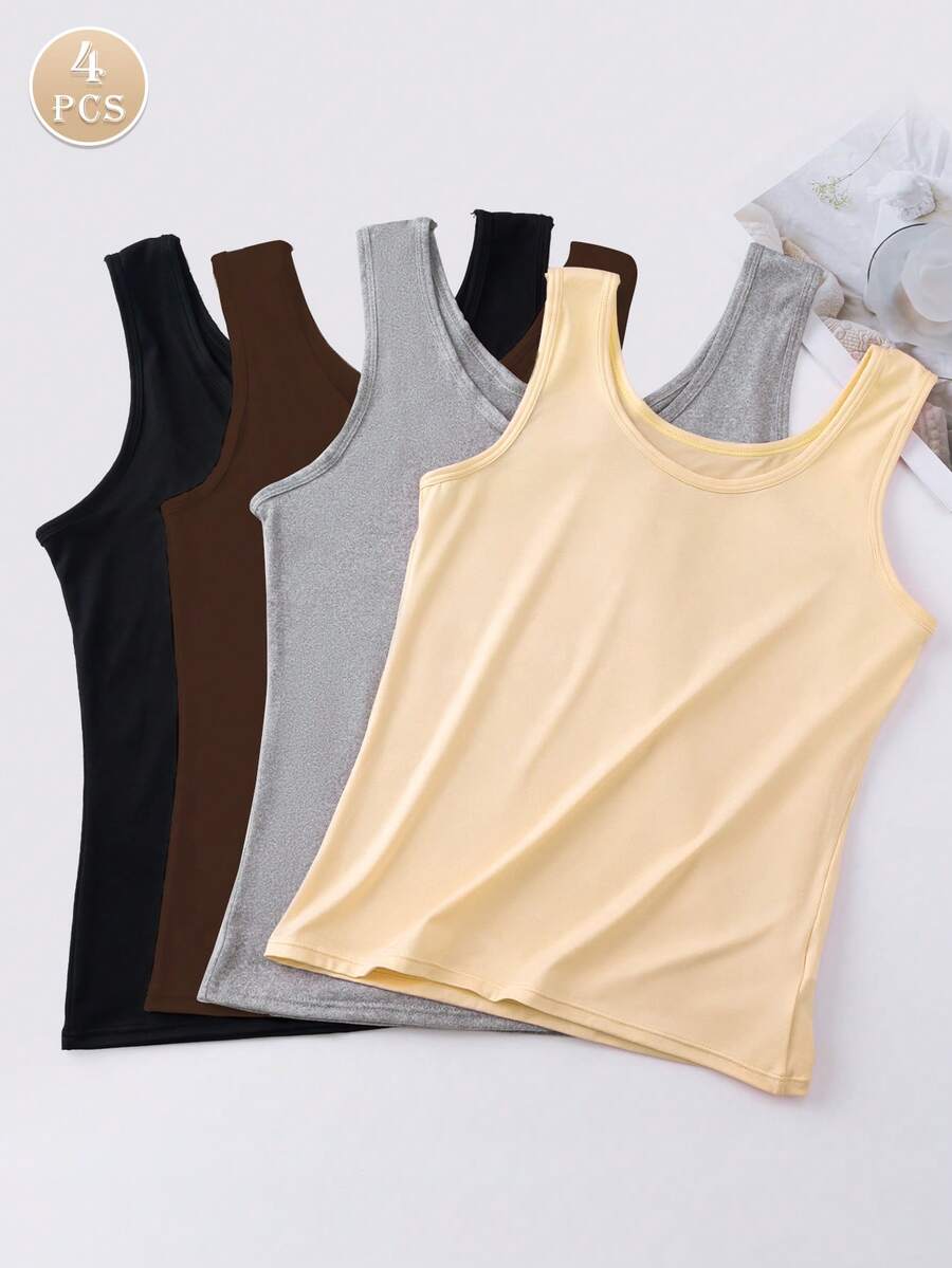 4 件套女士舒适休闲 U 领宽肩带吊带无袖短款上衣，紧身版型 - 彩色 - 查看 1