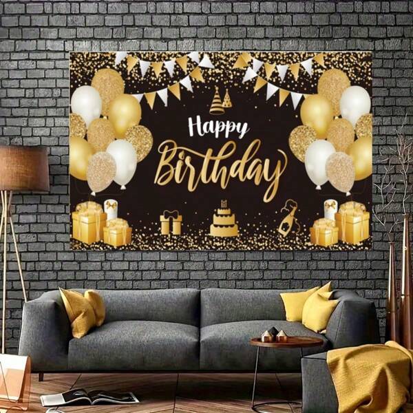 1pc Luxury Birthday Backdrop - Polyester Material With Glowing Gold Foil Accents, Double-Tone Balloons & Symmetrical Triangular Banners, Gold Foil 'Happy Birthday' Text With Party Hats & Cake Design, Black Background With Shattered Confetti Accents For Adult Celebration Styling, No Electricity Needed