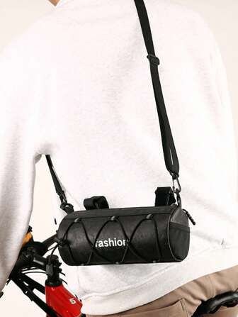Men's Fashionable Casual Minimalist PU Sports Letter Strap Bicycle Bucket Bag, Versatile Shoulder Messenger Bag
