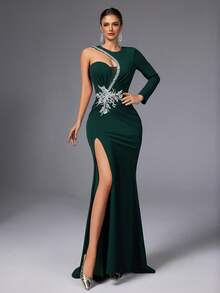 VIPGIRL Vestido de gala asimétrico ajustado color verde oscuro con detalle floral de lentejuelas y abertura alta, vestidos de noche para mujeres, vestido de cóctel elegante, vestido de invitada a boda, vestido de fiesta - Verde Oscuro - Ver 9