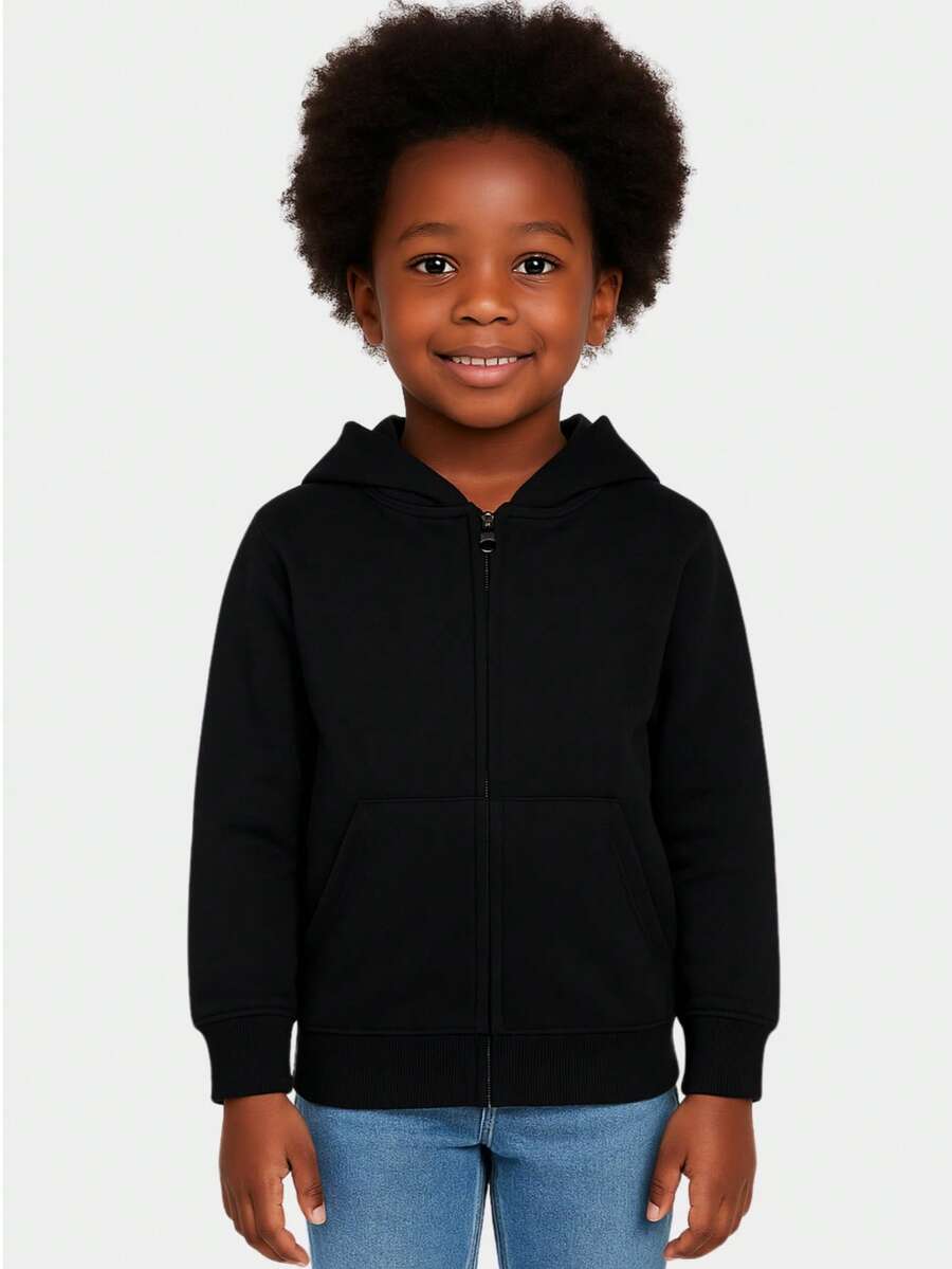 Girls' Winter Jacket With Hood In Basic Plush Sweatshirt - Black - View 1