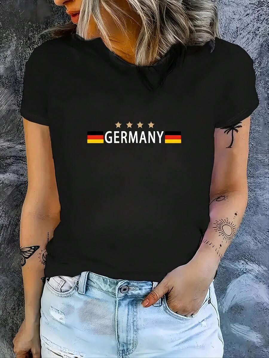 Camiseta de algodón negro de 180 g con cuello redondo y manga corta con estampado gráfico de la bandera de Alemania para mujer: camiseta informal elegante con diseño patriótico alemán, ropa informal cómoda, aspecto deportivo europeo moderno - Negro - Ver 1