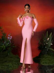 Love Aing Vestido de cóctel con espalda descubierta, manga larga, abertura lateral y aplicación floral 3D hecha a mano para mujer Love Aning, elegante para baile de graduación, gala, boda semi-formal, adecuado para cumpleaños, graduación, cena, regreso a casa, vestido de noche