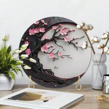 1 Peça Arte de Parede de Madeira em Forma de Lua de 8x8 Polegadas com Design de Flor de Cerejeira Elegante - Design de Flor Rosa e Lua Crescente com Detalhes Dourados, Ideal para Decoração de Casa Moderna ou Estilo Japonês