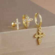 3PCS 18K Gold Plated Cross Stud Earrings Set For Women's Wedding Jewelry Zirconia Hoop Stainless Steel Accessories Party Gift