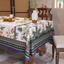 1 Pc Bohemian Style Rectangular Tablecloth, Vintage Linen Floral Striped Pattern Design For Home Living Room Kitchen Decoration, Party Picnic Gathering Dining Event, Home Decor