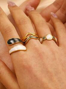 3 件套时尚不对称黑白双色不锈钢戒指套装，时尚设计适合女性日常佩戴 - 彩色 - 查看 8