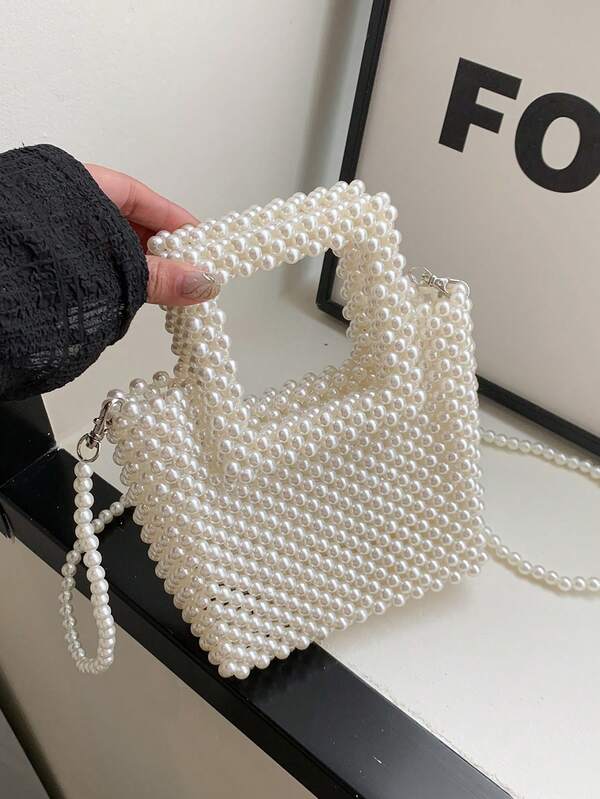 Mini Lightweight Pearl Square Handbag, Beaded Purse Handheld & Shoulder Strap Bag, New Korean Fashion Decor For Women