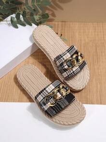 Women's Summer Sandals & Slippers, Rope Sole Slippers, Metal Buckle Decor Slippers, Vacation Style Sandals, Comfortable Slip-On Sandals, Thick Sole Beach Slippers, Printed Home Slippers - Black and White - View 6