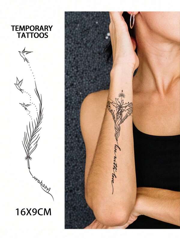 1 pieza Tatuaje temporal a prueba de agua con diseño de pájaro de plumas, inspirado en el pájaro libre y el texto, patrón de ángel, negro mate, fácil de aplicar parece un tatuaje real, apropiado para muñeca, pecho, pierna, mano, para hombres y mujeres, decoración para la vida diaria, viajes, playa, pegatina regalo DIY