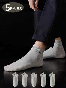 1 Pair/5 Pairs Letter Pattern Light Grey Comfortable Casual Minimalist Fashion Business Sports Home Versatile Men Ankle Socks, Summer - Light Grey - View 1