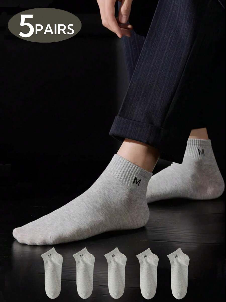 1 Pair/5 Pairs Letter Pattern Light Grey Comfortable Casual Minimalist Fashion Business Sports Home Versatile Men Ankle Socks, Summer - Light Grey - View 1