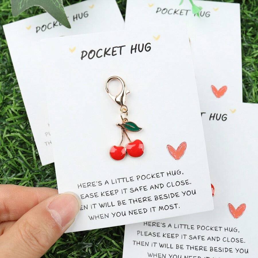 Charming Cherry Pendant Keychain With Pocket Hug Card - "Please Keep It Safe And Close, It Will Be There Beside You When You Need It Most" - Ideal For Birthdays, Weddings, Valentine's Day, Easter, Graduation, Mother's Day, Father's Day - Inspirational Gift, Mini Keepsake, Alloy Material, Keychain Gift|Charming Pendant| Alloy, Cherry Gifts - Red - View 1