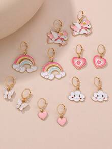 6 Pairs/Set Girls Unicorn Cloud Heart Oil Drop Earrings Set Combination Suitable For Daily Decoration - Multicolor - View 4