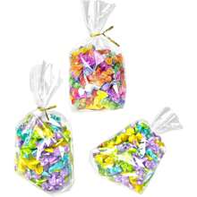50 unidades/100 unidades Bolsas con fondo con pliegue de 8" x 11", 6" x 9", de celofán transparente tipo cello para dulces y regalos, con 50/100 lazos retorcidos, para embalaje de regalos y favores de fiesta