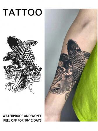 1 件锦鲤传统临时纹身半永久纹身防水防汗持续 1-2 周逼真草本汁防摩擦不反光仿黑色假纹身适用于女性和男性纹身贴纸适用于手臂、胸部、腿部、腹部、腰部、手指、颈部、脊柱、现代人体艺术