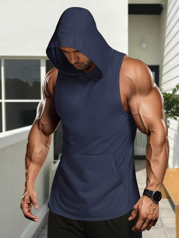 Men's Solid Color Hooded Vest, Suitable For Gym, Outdoor Leisure, Running, Swimming, Cycling