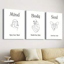 3 piezas Cuadros de pared con marco de madera, pinturas decorativas de lienzo - "Mente y Body", "Avanzando con los Tiempos", "Declaración de Energía Positiva", Mural Zen, Arte de Línea Blanco y Negro, Decoración de Pared para el Hogar, Dormitorio, Sala de Estar