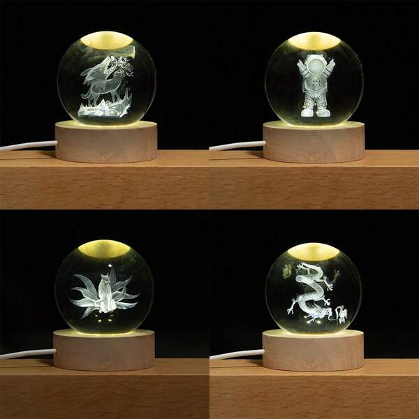 1 pièce Boule de cristal 3D avec base en bois, astronaute, dragon, renard à neuf queues, loup hurlant avec décoration de bureau à LED, cadeau d'anniversaire, faveur de mariage, cadeau de fête, décoration de la maison, boîte mystère