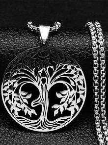 Dây chuyền hình cây sự sống bằng thép không gỉ, unisex, mặt dây chuyền tròn màu bạc. - vòng cổ - Xem 9