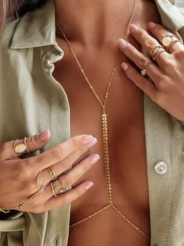 1pc Elegant Gold Colored Metallic Body Chain Necklace For Women, Vintage Style Zinc Alloy, Suitable For Daily Wear And Parties, All-Season Statement Accessory, Fashionable Metallic Luster