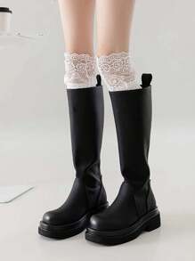 1 par de medias altas elegantes de tela de punto, medias transparentes con encaje sobre la rodilla para mujeres, adecuadas para botas, medias altas de compresión de media pierna con rayas verticales de tejido de punto