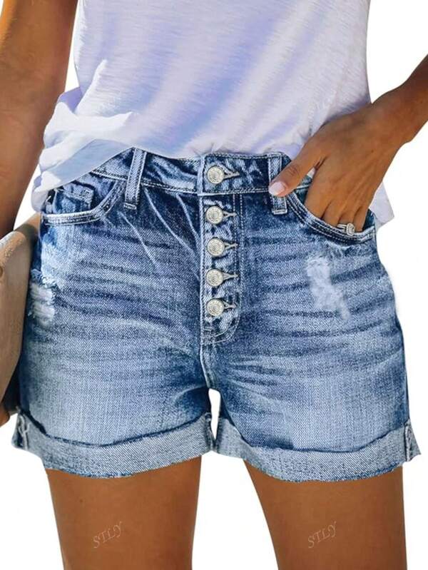 Stretchy Fit Retro Distressed Front Button Denim Shorts With Rolled Hem, Vintage Street Style, Blue Washed