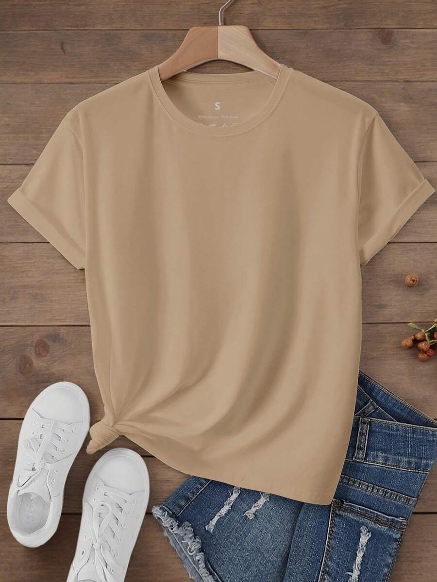 Áo thun tay ngắn nữ, Áo thun thể thao cổ tròn thoải mái thường ngày cho nữ, Áo nữ, Quần áo xuân/hè, Quà tặng ngày lễ, Áo thun tay ngắn mùa hè cho nữ - Màu Khaki - Xem 1