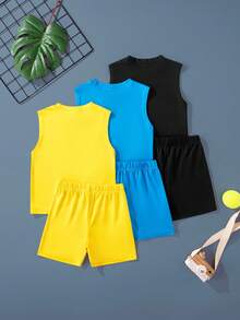 3 pièces Ensemble débardeur et short décontracté pour tout-petits garçons, convient pour les sports, le football, l'entraînement de basket-ball - Multicolore - Voir 2