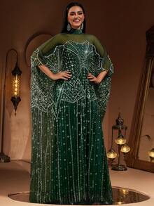 New Luxury High-End Sequin, Sequins, Lace Patchwork Elastic Underlay Women's Elegant Loose 2 Pieces Set Turkish Arabic Robe Dress (Size Runs Large, Customers Advised To Check Size When Ordering) - Dark Green - View 5
