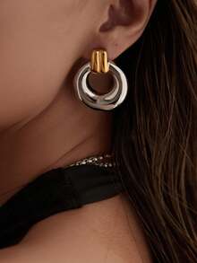 2件套14K镀金不锈钢时尚简约女士首饰套装 - 幸運雙圈 - 查看 6