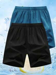 2 piezas Shorts deportivos de verano para hombre, cintura elástica, casual de playa, corte holgado, secado rápido, longitud hasta la rodilla, con bolsillos traseros