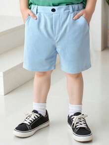 Boys' Solid Color Casual Shorts, With Pockets & Elastic Waistband, Suitable For School Uniform, Athletic Wear - Baby Blue - View 3