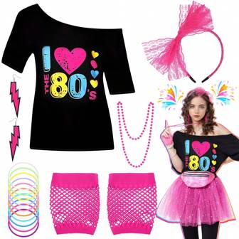 6PCS 80s Costume Accessories Set For Women, 1980s Fancy Dress With T-Shirt Headband Lightning Earrings Necklace Bracelet Mesh Sleeve 80s Outfit For Retro Theme Party Cosplay Dress Up