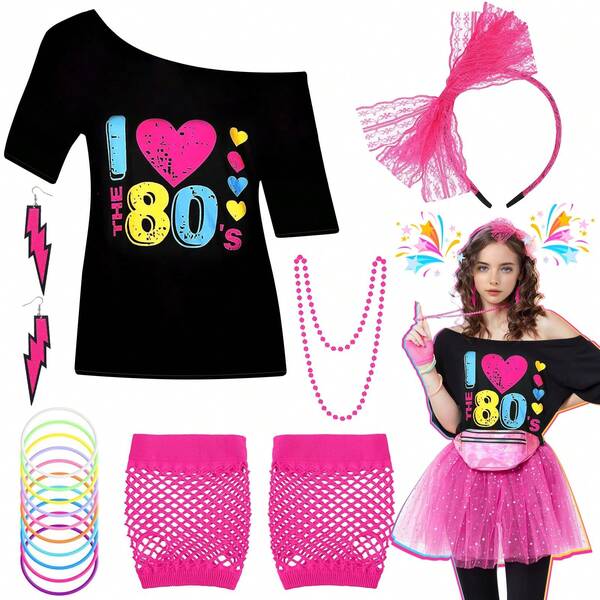 6PCS 80s Costume Accessories Set For Women, 1980s Fancy Dress With T-Shirt Headband Lightning Earrings Necklace Bracelet Mesh Sleeve 80s Outfit For Retro Theme Party Cosplay Dress Up (Without Tutu Skirt)