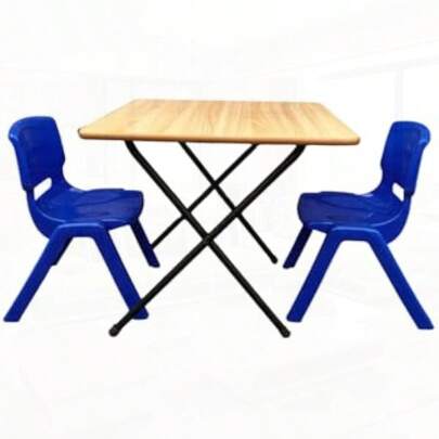 IMPSUK Folding Table And 2 Stacking Chairs Classroom Preschool Primary School Playgroup Home Work Furniture Set Blue Chairs + Beech Top Table