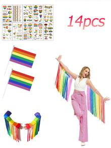 Rainbow Fringe Gloves & Tattoo Set - Pride Month Festival Costume, 10 Temporary Tattoos & 2 Flags, Long Length Party Accessories - Multicolor - View 9